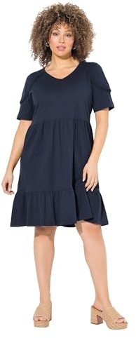 Ulla Popken Damen große Größen Übergrößen Plus Size Jerseykleid, Zierband, A-Linie, V-Ausschnitt, Halbarm Marine 42+ 840115130-42+