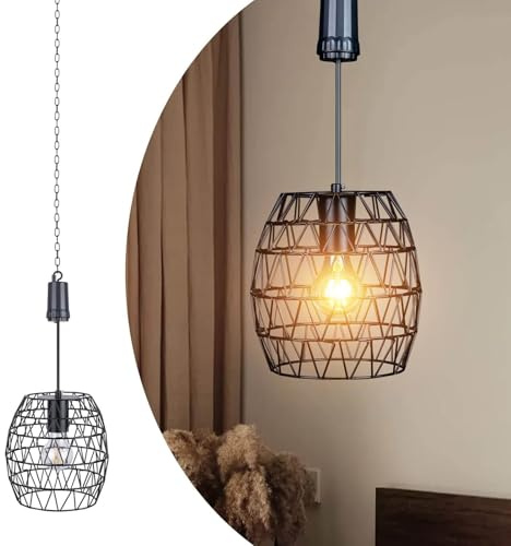 pearstar Hängelampe mit Batterie, Metall batteriebetriebene Lampen Mit LED-Glühbirne Timer, Akku Hängeleuchte Esstisch Wohnzimmer, Garten Pendelleuchte für Balkon Terrassen Hof Schwarz