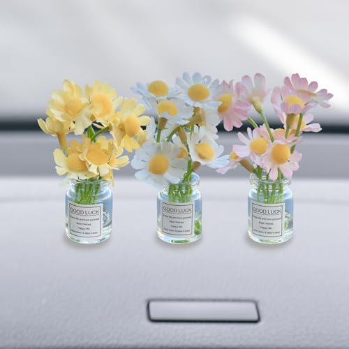 Ethlomoer Lot de 3 décorations de voiture mignonnes – Figurines et idoles de tableau de bord marguerites, rose, blanc, jaune – Accessoires de voiture féminins pour femme, accessoires d'intérieur