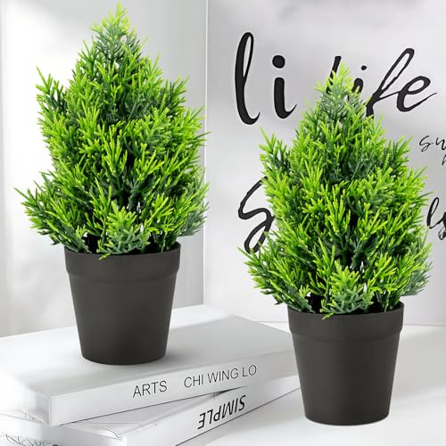 WOHSEROM Artificial Cypress Topiary Tree 2 Pack,10.6 Realistic Small Fake Potted Plants for Indoor Outdoor, Christmas Decorations, Pet Friendly Faux Cedar Shrubs in Pot (Evergreen, Maintenance Free)