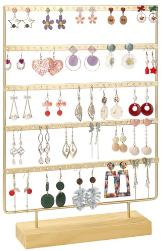 RUINENGDA Schmuck-Organizer, 5-Ebenen-Ohrring-Organizer mit 120 Löchern zum Aufbewahren und Präsentieren von Ohrringen verschiedener Stile, Modelle und Größen, abnehmbare Holzbasis für den Heim- und