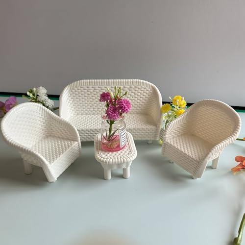 4 Pack Miniature White Wicker Tea Table and Chair Set, Dollhouse Furniture Decor for Bedroom, Handcrafted Miniature Furniture