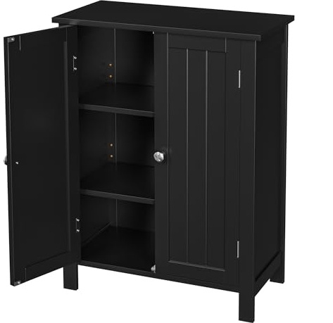 SUPER DEAL Modern Bathroom Floor Storage Cabinet with Adjustable Shelf and Double Door Rust Proof, Living Room Modern Home Furniture Storage Organizer Cabinet, Black