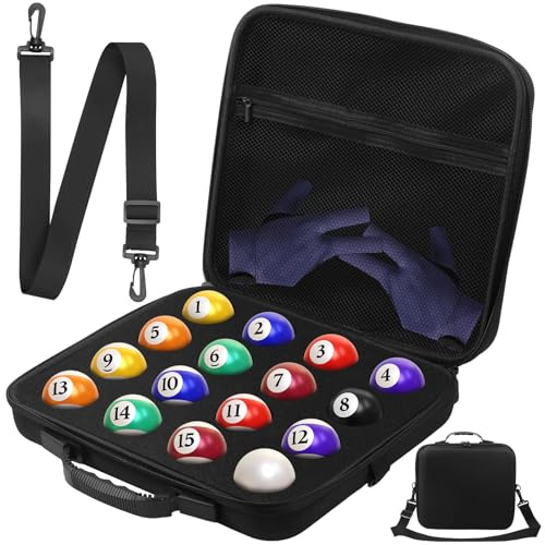 GWCYMYD Pool Ball Storage Bag with Mesh Pocket, Pool Ball Holder with Carry Handle and Adjustable Shoulder Strap, 16 Holes Travel Billiard Case for Carrying Pool Balls