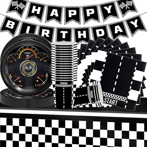 Racing Car Party Tableware Supplies Serves 20 Guests - Includes Tischdecke, Plates, Napkins, Cup, Dekorieren von Partytischen für Jungen Verwendet，Reifen-Geburtstagsparty-Geschirr