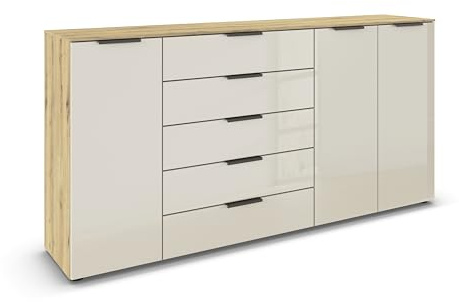 Rauch Möbel Flipp, Kommode, Farbe Glas Beige/Eiche Artisan, Breite 199 cm | Sideboard, 3-türig, 5 Schubladen, Glasfront, Soft-Close-Funktion, für Schlafzimmer, Gästezimmer, Wohnzimmer, Garderobe, Flur