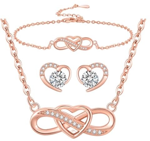 LYL.Adorer Infinity & Heart Jewellery Sets for Women | 925 Sterling Silver or Brass | in White Gold or Rose Gold Plated Finish | Necklace Bracelet & Earring Gift Sets