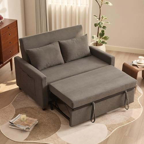 Litbird 2 Seater Sofa Bed, 3-in-1 Convertible Pull Out Sleeper Sofa,Set of Corduroy Fabric Loveseat with Adjustable Backrest & Side Pockets for Living Room, Guest Room, Apartment,Grey