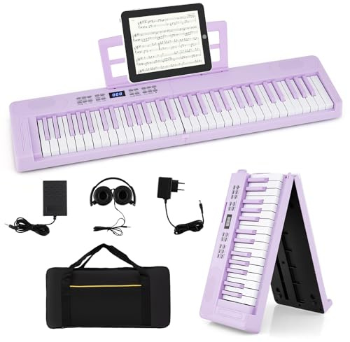 COSTWAY Keyboard Piano 61 Tasten, Klappbares Digitalpiano mit MIDI & Split-Funktion, 128 Tönen & Rhythmen, Tragbares Klavier mit Kopfhörer & Sustain-Pedal, E-Piano für Anfänger (Lila)