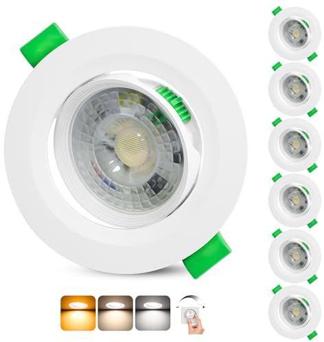 Aulaiyi LED Einbaustrahler 230V Dimmbar 68-80mm Lochmaß 5W IP44 LED Spots | Ultra Flach Deckenspots 45° Schwenkbar Einbauleuchten 2700K/4000K/6000K Spots Deckenleuchte für Badezimmer, Weiß 6er Set