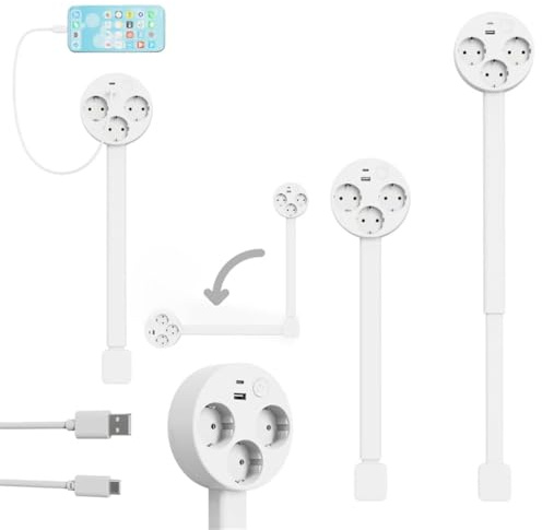 Regleta extensible – 3 enchufes con USB-A e interruptor, distribuidor de enchufe de altura ajustable para casa y oficina