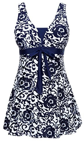 Wantdo Femme Maillots de Bain Une Pièce Robe pour Natation Sportif Impression Élasticité Imprimé Fleur Col en V Taille Plus Cache-Ventre Bretelles Larges Rembourré,Bleu Foncé,EU56-58/ UK 28-30