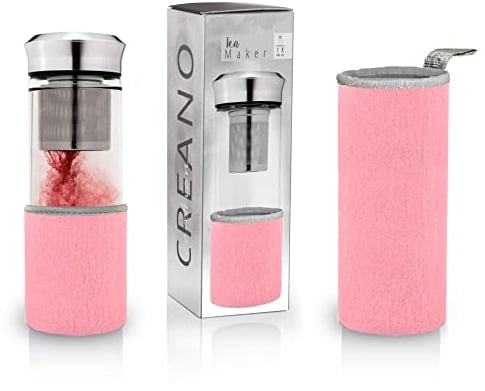 Creano Théière Teamaker - Bouteille de Thé à Emporter en Verre avec Passoire Pour le Thé en Vrac, y Compris Sachet en Néoprène | 400ml (Rose)