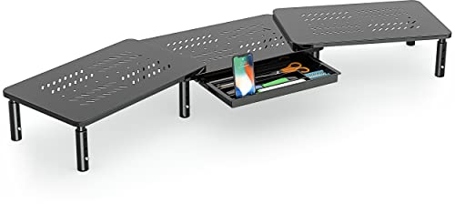 FITUEYES Dual Monitor Stand with Drawer - 3 Shelf Computer Laptop Stand with Adjustable Leg and Ventilated Shelf, Cellphone Holder, Office Desktop Organizer, Up to 25 kg