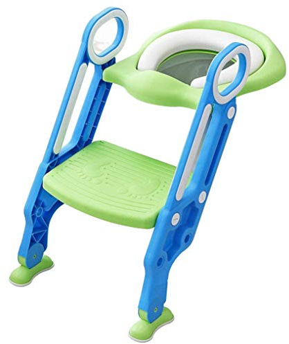 Straame Toddler Toilet Ladder Seat - Adjustable Potty-Training Seat, Soft Cushion Seat and Anti-Slip Steps Design - Easy to Install Portable Children Potty Training Chair (Green-blue)