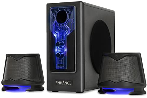 ENHANCE SB 2.1 Computer Speakers - Blue LED Computer Gaming Speakers with Subwoofer, High Excursion Sound System, Volume and Bass Control, Compatible with Gaming PC, Desktop, Laptop