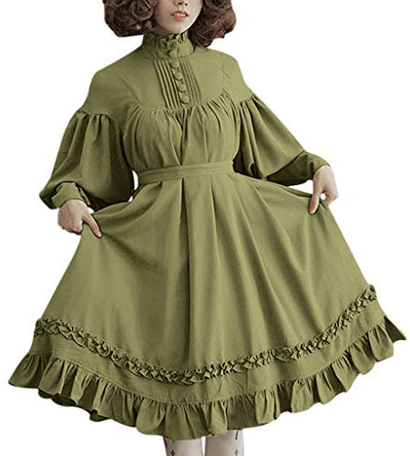TURWXGSO Dammen Mittelalterliches Kleid Süße Lolita Langarm Hoher Kragen Retro Kleid Rüschen Einfarbige Knielänge Kleid Ballon Ärmel Vintage Oversize Locker Cosplay Partykeid Große Größe S-4XL