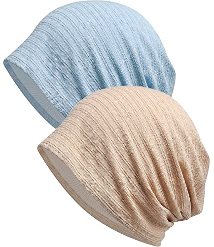 XYIYI Damen Mütze Chemo Hut Slouchy Kopfbedeckungen Kopf Wraps Krebshüte (2Stück Beige Blau-AA), Einheitsgröße