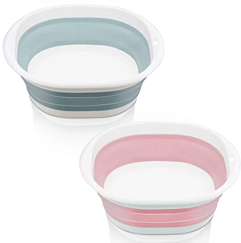 NCOALE Collapsible Washing Up Bowl, 2PCS 32cm Portable Foldable Camping Washing Up Bowl Pop Up Wash Basin Round Silicone Basket Multipurpose Outdoor Travel Camping Sink (Bule, Pink)