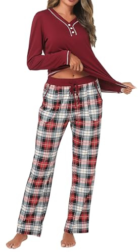 Uniexcosm Women's Pyjama Sets Cotton Checked Loungewear Set