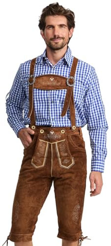 STEIGENHÖFER Lederhose Herren Tracht Kniebund - Reinhold - Trachtenhose mit Trägern - 100% Rindsleder - Traditionelle Echtlederhose - Ideal für Dein Oktoberfest Herren Outfit - Mittelbraun - 50