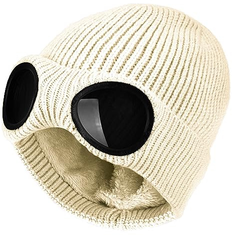 HeiDmai Unisex Goggle Knit Beanie Hat Outdoor Warm Thick Fleece Lined Winter Skull Cap, beige, Einheitsgröße