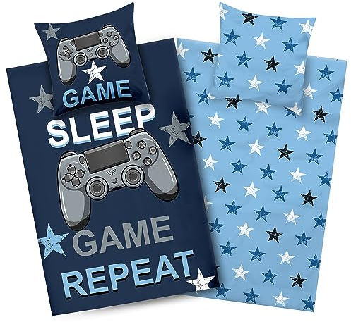 Aminata kids Gaming Bettwäsche 135x200 Baumwolle Jungen | blau | Wende-Bettwäsche Gamer-Motiv | Teenager-Bettwäsche | YKK Reißverschluss blau
