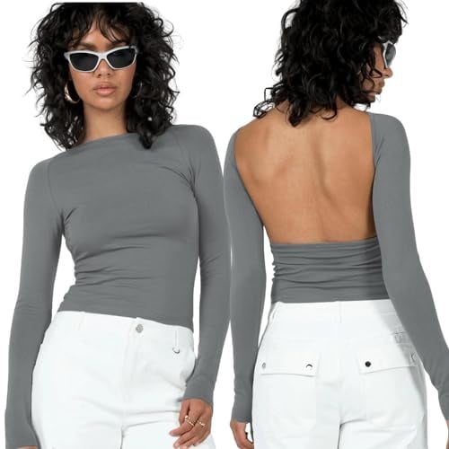 Arkim Women's Long Sleeve Tops Backless Top Y2K Top Sexy Street Fashion New Long Sleeve Tops Women Tight Shirt(Dark Grey-Long Sleeve,XS)