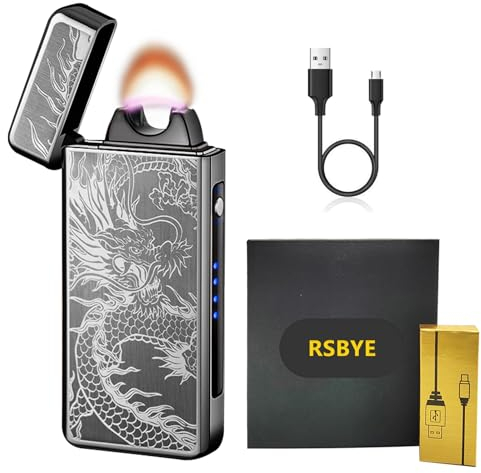 RSBYE Elektrisches Feuerzeug USB Aufladbar - Plasma Lichtbogen Winddicht Lighter Mit Batterieanzeige für Männer Und Damen (Schwarz Drache)