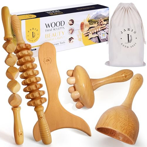 JARIS – Maderotherapie Set 5-teilig – Holz Massagegeräte gegen Cellulite – Wood Therapy Massage Tools für Bauch Beine Po – Professionelles Maderotherapie Kit mit Anleitung QR Ecofriendly