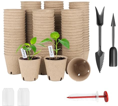 Generisch Abbaubare Anzuchttöpfe 8cm, 50 Stücke Aussaattöpfe mit 20 Stück Pflanzenetiketten und 3 Werkzeuge, anzuchttopf Pflanztöpfe zur Pflanzen Anzucht,Saattopf Biologisch Abbaubar,Torffrei