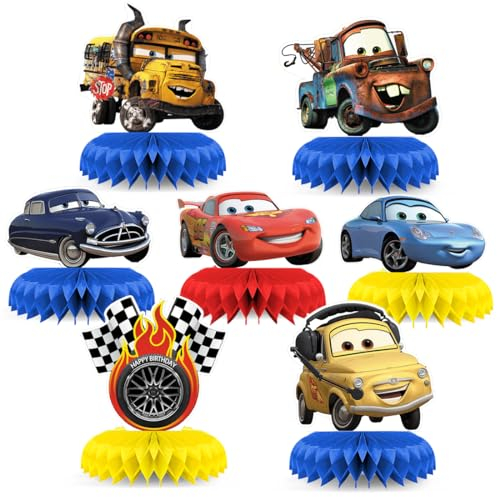 Siphus Centre de Table Anniversaire, 7 Pièces Nid Abeille Decoration sur Thème de Voiture, Deco Anniversaire Enfants, Thème des Cars Fourniture de Fête comme Décoration de Table