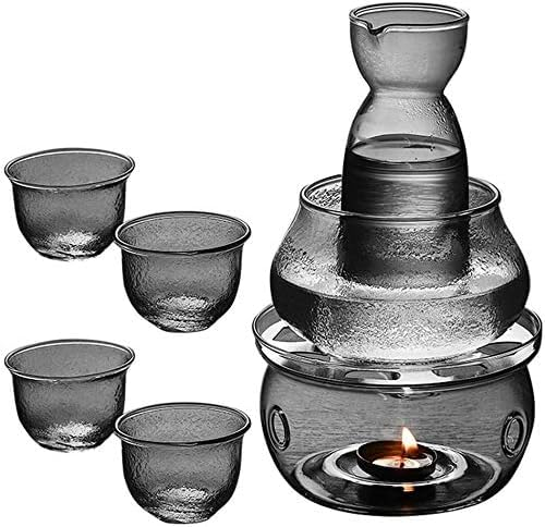 Juego de tazas de sake Juego de sake japonés Juego de sake japonés con calentador, diseño único de textura mate de grano, 7 piezas incluyen 1 botella, 4 tazas, 1 juego de recipientes para sake con est