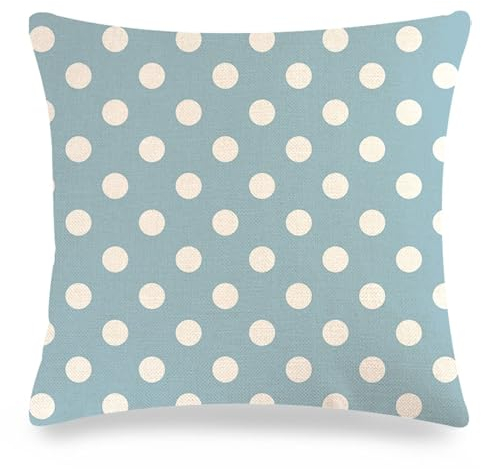 Kissen 50X50 Bezug Leinen, Kissenbezüge Deko mit Tupfenmuster Kissenhülle Hellblau Weiß 1 Stück für Sofa Bett Wohnzimmer