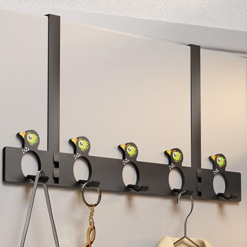 heyveen Woodpecker Pattern Door Hanger Hook,Over The Door Hooks Towel Rack Holder Heavy-Duty Organizer on Bathroom Cabinet Cupboard for Robe,Coat, Bag,Keys-5 Hooks(Black, 1 Pack)