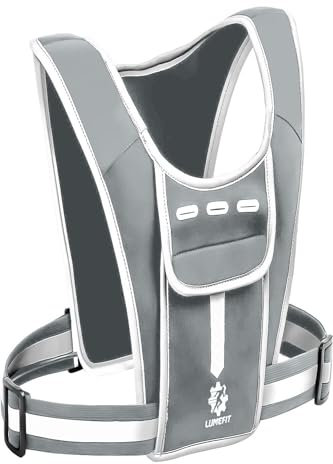 LUMEFIT Running Vest Phone Holder – Practical Jogger Phone Holder – Reflective Running Phone Holder with Water Bottle Pocket and Fixing Rope – Features Headphone Jack and Shoulder Pocket (Grey)