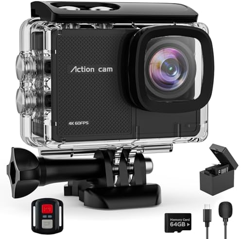 Yolansin Camara Deportiva 4K 60FPS, con 64GB MicroSD 48MP Cámara Subacuática Impermeable 40M, Camara Acuatica Videocámara WiFi de Casco con Control Remoto, 2×1350mAh Baterías, Varios Cámara Accesorios