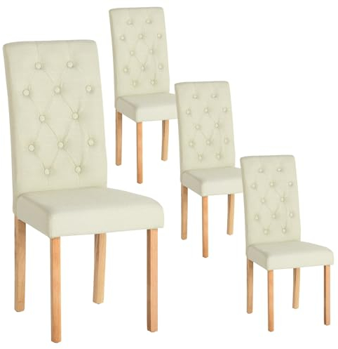 GOKHOMX Esszimmerstühle, 4 Stück, beige, aus Leinenstoff, modische Wohnzimmerstühle mit Nieten, Knopfpolsterung, Füße aus Massivholz