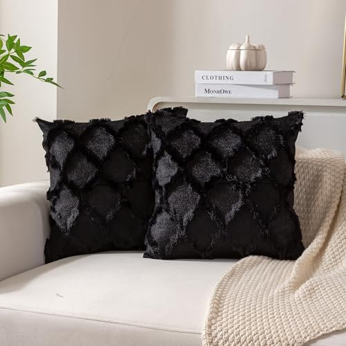 Ci & Ci 2er Set Boho Deko Kissenbezug 40x40 cm, Schwarz Kissen Sofakissen Dekokissen Zierkissen, Flauschig Kissenbezüge Kissenhülle für Sofa Couch