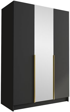 Mirjan24 Kleiderschrank mit Spiegel, Einlegeböden und Kleiderstange Cikzori II, Vielseitiger Drehtürenschrank, Elegantes Kleiderschrank 3-türig (Schwarz/Schwarz + Gold)