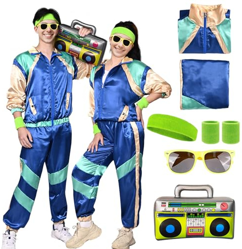 HarnyLoom Disfraces Años 80 Hombre Mujer, Disfraz Chándal con Chaqueta Pantalón Gafas Piloto traje retro con Diadema Muñequeras y Radio Hinchable Para Carnaval y Fiesta Temática (Azul, 2XL)