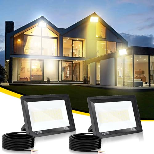 Fiqops LED Strahler 100W 2er, LED Fluter 3000K Warmweiß 8500LM LED Scheiwerfer IP66 Wasserdicht LED Flutlicht Außenstrahler Außenleuchte für Werkstatt Garage Garten