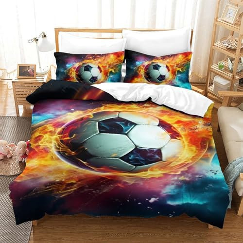 HITBOD Fußball 3D Gedruckt Bettwäsche Set 3 Teilig Bettbezug Set Mit Kissenbezug Soft Microfaser Luxus Modern Mit Reißverschluss Für Erwachsene Und Kinder Single（140x200cm）