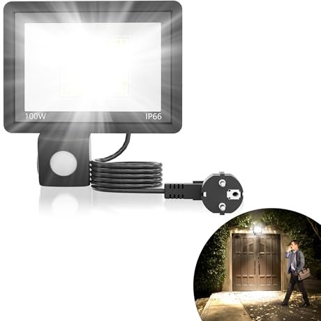 YRHome LED Strahler mit Bewegungsmelder 100W 3500LM Superhell Aussenlampe Fluter Außenleuchte Scheinwerfer Licht IP66 Wasserdicht Außenbeleuchtung für Garage Innenhöfe - Kaltweiß mit 1.5m Stecker