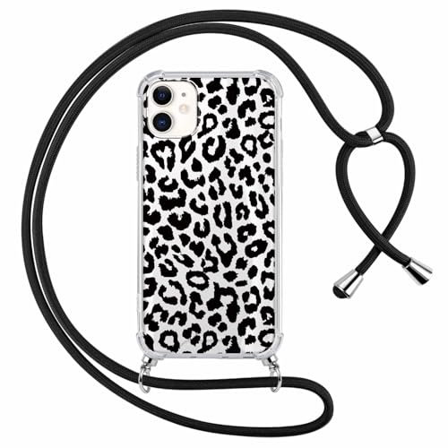 Saqmkil Handykette Handyhülle für iPhone 12/iPhone 12 Pro 6,1 Hülle mit Band, Durchsichtig Aesthetic Muster Leopard Mädchen Case mit Kordel zum Umhängen, Weiche Silikon TPU + PC Stoßfest Schutzhülle