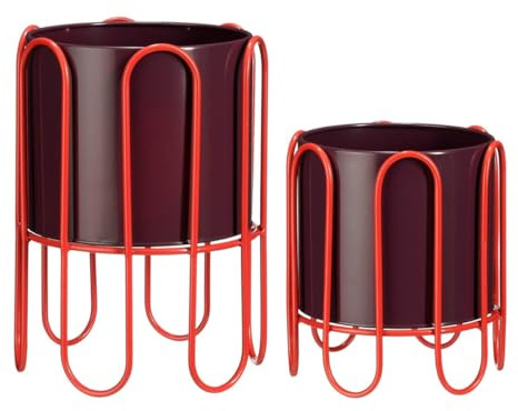 MICA Decorations Dione Übertopf auf Fuß – 2 Stück – H 35 x Ø 26 cm – Metall – Dunkelrot, Hellrot