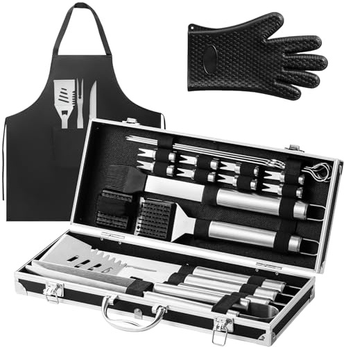 Terlulu 22-teiliges Grillzubehör, Grillzubehör mit Aluminiumgehäuse, Edelstahl-Grill-Set für Outdoor-Camping und Grillen, Grillgeschenke für Männer, Vater, Vatertag