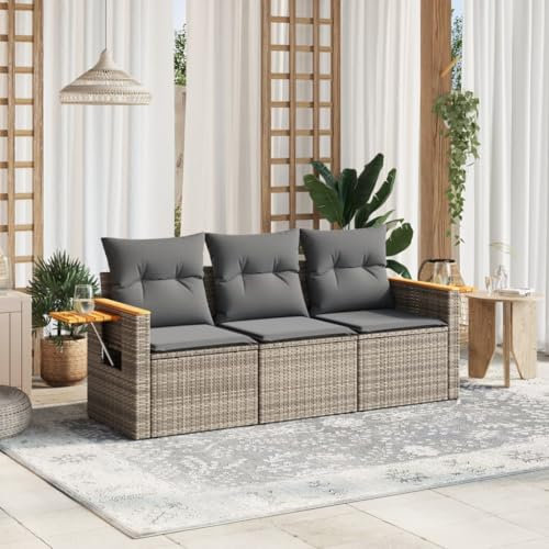 IKAYAA 3-TLG Rattan Sofa 3 Sitzer, Balkon Sofa, Rattan Sofa Outdoor, Gartensofa 3 Sitzer, Gartensofa, Lounge Möbel Outdoor, Balkon Lounge, Garten Loungemöbel Set, mit Kissen Poly Rattan Grau