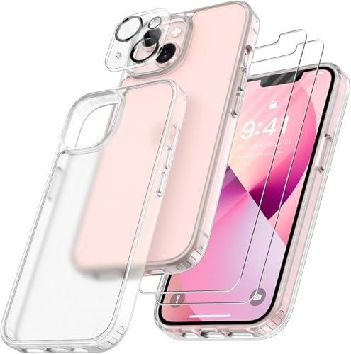 FLLAO 4 in 1 Handyhülle für iPhone 13 Hülle mit 2 Schutzfolie und 1 KameraSchutz, [Integriertes Luftkissen] Stoßfest Kratzfest Weich TPU Schutzhülle für iPhone 13, Matte Weiß