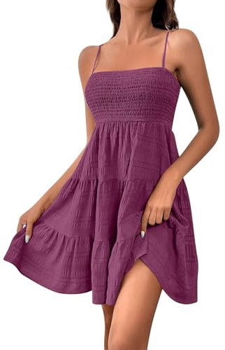 Robe de Plage Femme Bretelles Fines,2025 Robe Femme Ete Fluide Pas Cher Robes Court Baggy Decontractée Dos Nu Plissee sans Manches Légère Basic, Violet foncé, L
